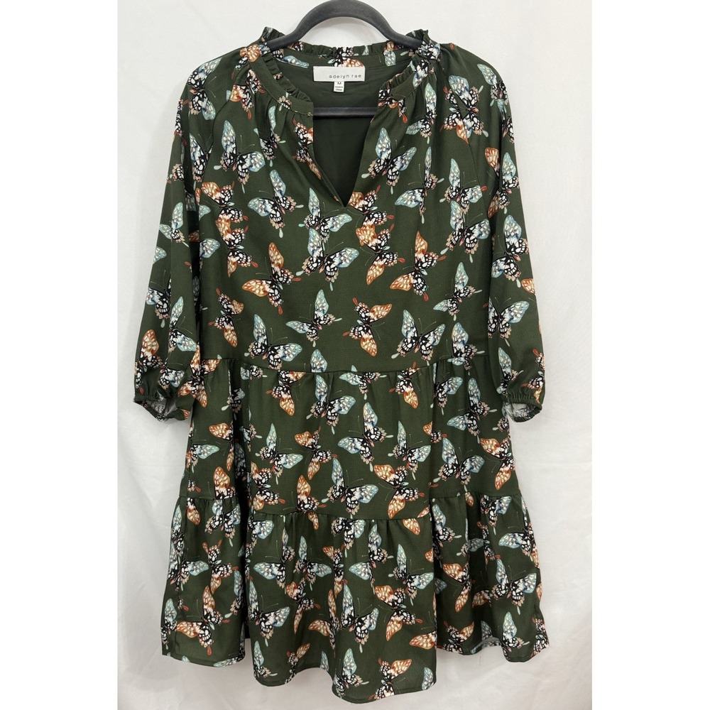 Adelyn Rae Green Butterfly Dress 3/4 Sleeve Pockets Womens Size M - Picture 1 of 9